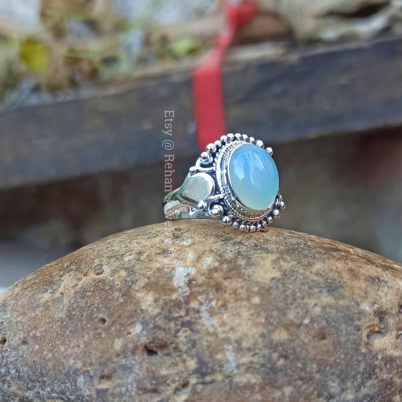 Natural Blue Calcite Stone 925 Sterling Silver Ring Handmade Jewelry, Beautiful Leaf Design Pear Silver Ring image 2