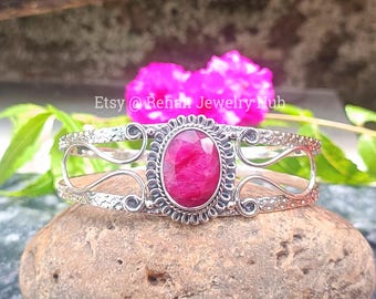 Natural Ruby Bangle, 925 Sterling Silver Bangle, Ruby Unisex Bangle Jewelry, Ruby Healing Crystal Bracelet, Ruby Beads Bracelet, Gift Bangle