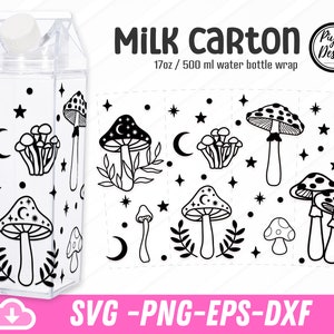 Milchtüte Pilze SVG, magische Milch Wasserflasche SVG für Becher Full Wrap, himmlische Milchtüte 16 Unze Tumbler Warp, Halloween Milchtüte