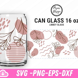 Can Glass Boho style line flowers Svg , Boho floral Coffee glass can Svg, Boho Style Art Svg For Libbey Glass 16oz Png, Dxf, File for Cricut