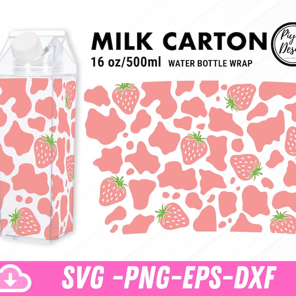 Carton de lait fraise vache Svg, bouteille d'eau de lait fraise SVG pour emballage complet de gobelet, Carton de lait de vache fraise 16 oz chaîne gobelet, png