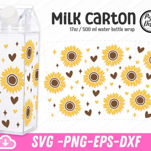 Milchtüte Sonnenblume Herz SVG, Erdbeer Milch Wasserflasche SVG für Tumbler Full Wrap, Valentines Milchtüte 16oz Tumbler Warp, png