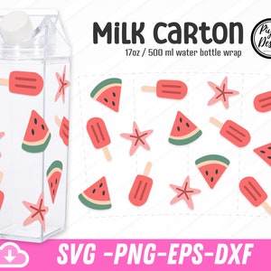 Milchtüte Sommer Obst SVG, tropische Frucht Milch Wasserflasche SVG für Becher Full Wrap, Wassermelone Karton 500ml Tumbler Warp, png