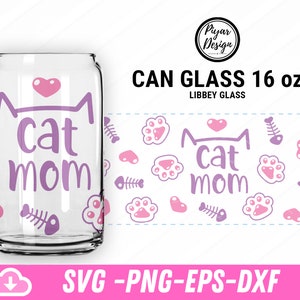 Can Glass Cat Mom Svg, Cat Lover Svg , Cat Mom Coffee Glass Wrap Svg, Hearts paw prints Coffee glass can wrap , Silhouette Digital Download