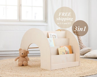 KUMPU 3-in-1 Montessori Bookshelf | Wooden Bookself Desk | Multifuntional Montessori Furniture