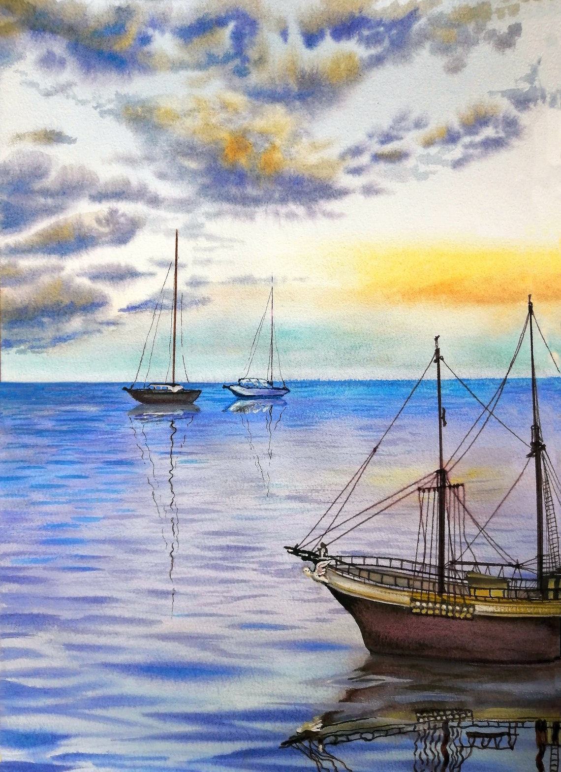 Watercolor Painting yacht in the open sea. Original 100 Etsy