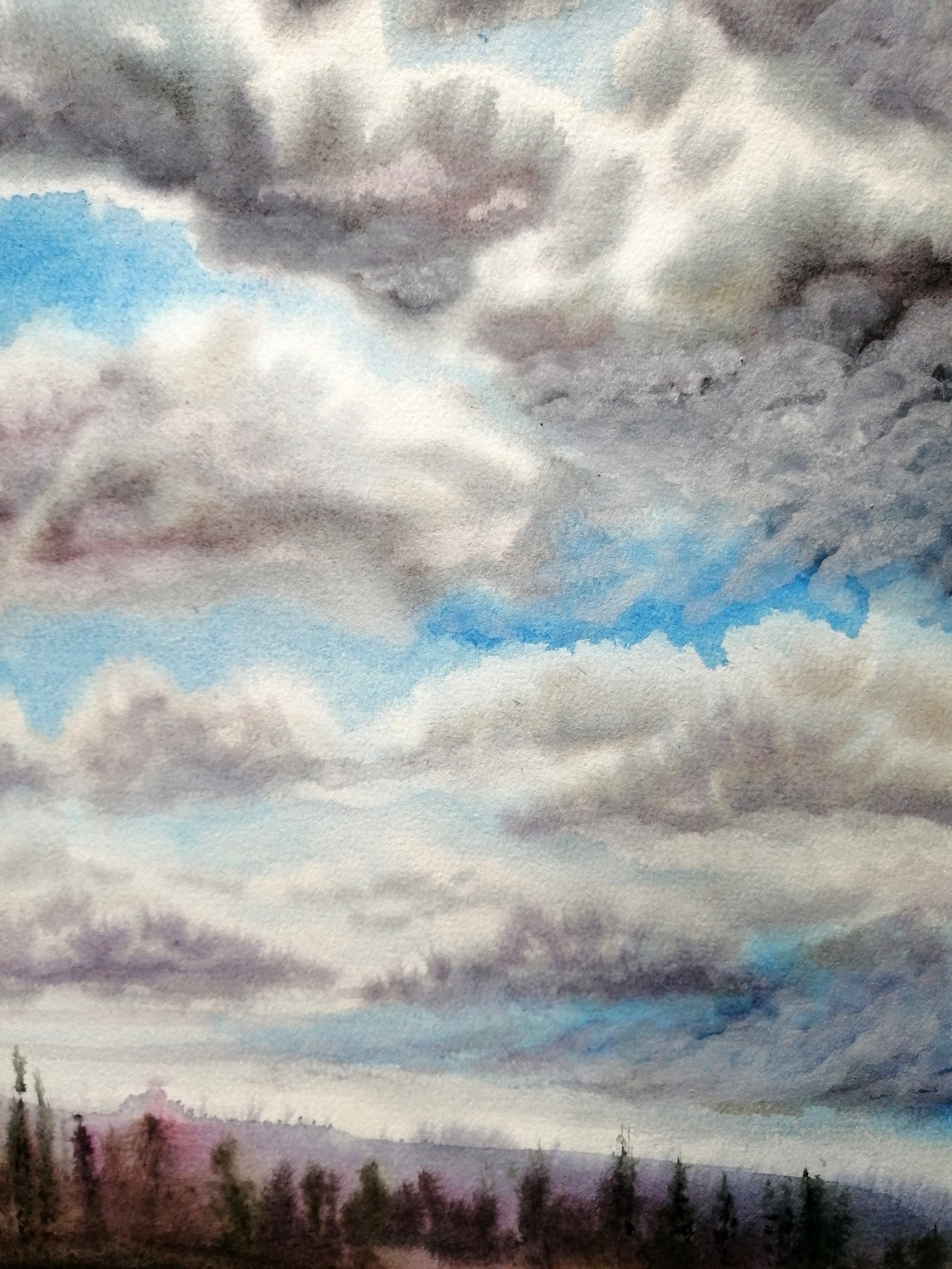 Watercolor Painting of Cloudy Skies in the Park Original Etsy