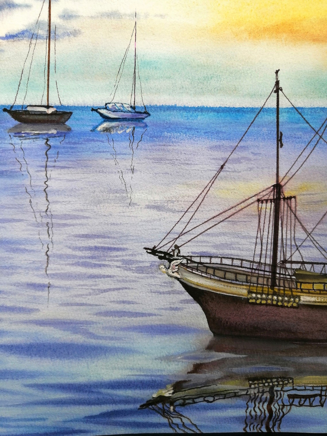 Watercolor Painting yacht in the open sea. Original 100 Etsy