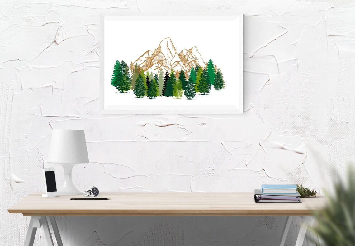 Pine Tree Forest Mountains Printable Wall Art Office Style Clear ...