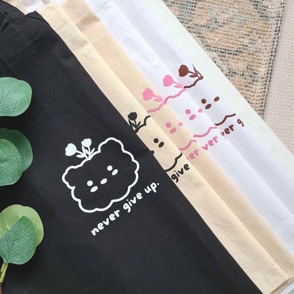 Totebag Jutebeutel "Never give up" Cute Bear- versch. Farben | Tragetasche| Einkaufstasche| Shopper| Kawaii| 100% Baumwolle