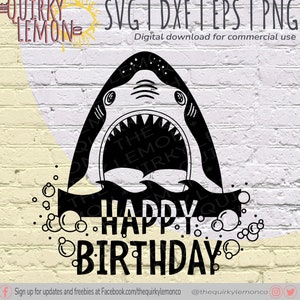 Happy Birthday monochrome shark SVG with additional free PNG designs of varying size perfect for personalised Birthday themed stationary