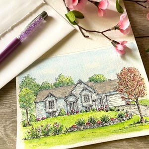 Carte personnalisée/ Portrait de maison /Aquarelle et encre / Corinne Bernollin Art/ Anniversaire /Fête/ Pendaison de crémaillère/ Souvenirs