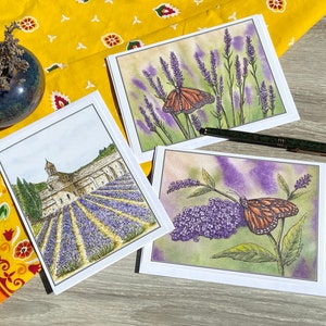 Cartes 5x7po / Souvenirs de Provence/ Aquarelle et encre/ Lavande/ Papillon monarque/ Buddleia/ Abbaye de Sénanque/ Corinne Bernollin Art