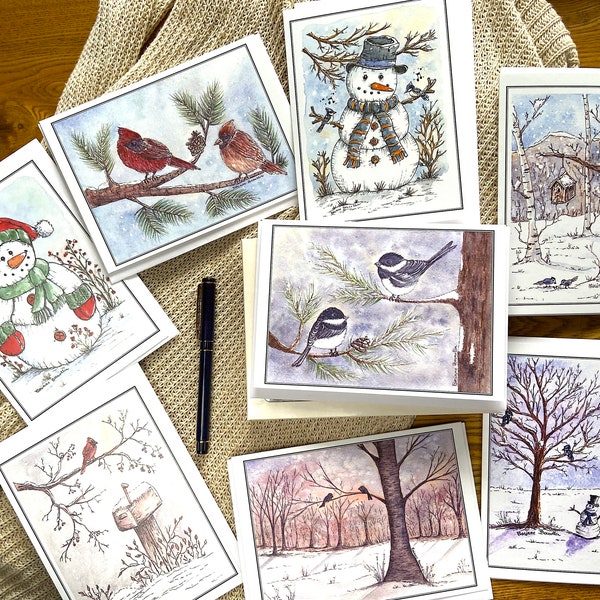 Cartes de Noël /En coffret ou à l'unité /Série 1 /Oiseaux /Paysage hivernal /Bonhomme de neige /Amoureux de la nature /Corinne Bernollin Art