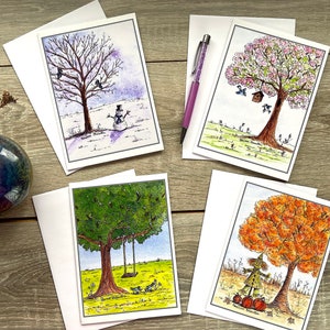 A 4 Seasons Tree / 5x7in Greeting Cards / Watercolor and Ink / Winter / Spring / Summer / Fall / Corinne Bernollin / Art and Illustrations