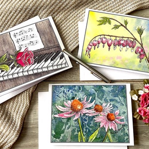 5x7in Greeting Cards / Valentine's Day / Birthday / Watercolor and Indian Ink / Rose / Echinacea / Heart of Mary / Corinne Bernollin Art