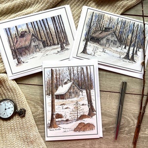 Sugar Shack / Biglietto di auguri / Acquerello e inchiostro / Chalet in legno / Maple Grove / Sciroppo d'acero / Tradizione canadese / Vecchi souvenir