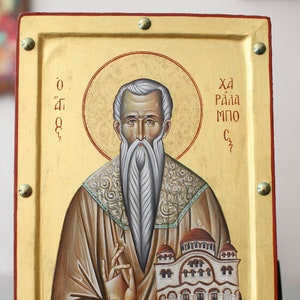 Saint Charalambos handmade icon with 22 carat gold in dimension 22x30 cm- 8.6x11.8in