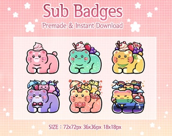 May include: Six colorful cartoon cat badges with different toppings, including ice cream, fruit, and flowers. The badges are available in three sizes: 72x72 pixels, 36x36 pixels, and 18x18 pixels. "Sub Badges" and "Premade & Instant Download" are written at the top of the image.