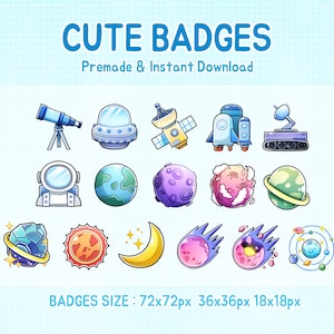 以下が含まれることがあります： さまざまなサイズで16個のかわいい宇宙をテーマにしたバッジのセット。バッジには、惑星、星、ロケット、宇宙船、望遠鏡、月、彗星、宇宙飛行士のヘルメットのイラストが描かれています。画像の下部には「BADGES SIZE: 72x72px 36x36px 18x18px」というテキストがあります。