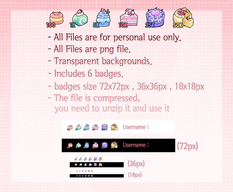 May include: Six colourful cake badges in different sizes: 72x72 pixels, 36x36 pixels, and 18x18 pixels. The badges feature various cake designs with frosting, sprinkles, and fruit. The text "100", "1K", "5K", "10K", "25K", and "50K" is displayed below each badge.