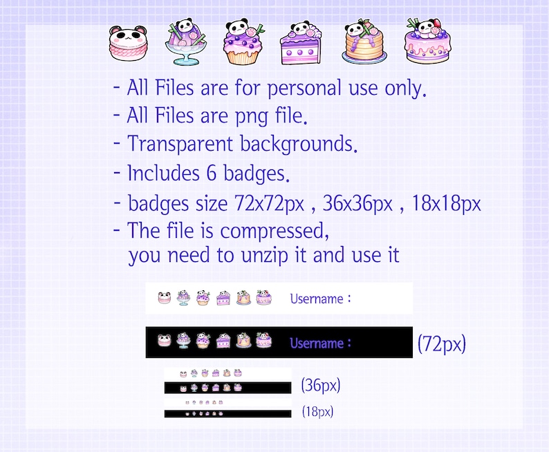 Pode incluir: Seis emblemas digitais com um panda usando um chap&eacute;u de bolo roxo e branco. Os emblemas est&atilde;o dispon&iacute;veis em tr&ecirc;s tamanhos: 72x72 pixels, 36x36 pixels e 18x18 pixels. O arquivo est&aacute; compactado e precisa ser descompactado.