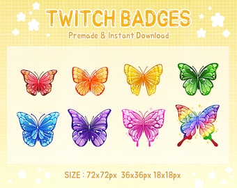 Puede incluir: Conjunto de ocho insignias de Twitch de mariposa de colores en varios tamaños, incluyendo 72x72px, 36x36px y 18x18px. Las insignias presentan una mariposa arcoíris, rosa, púrpura, azul, verde, amarilla y roja.