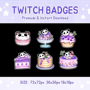 Pode incluir: Seis badges Twitch com pandas fofinhos com diferentes sobremesas roxas e cor-de-rosa. Os badges s&atilde;o de v&aacute;rios tamanhos: 72x72px, 36x36px e 18x18px.