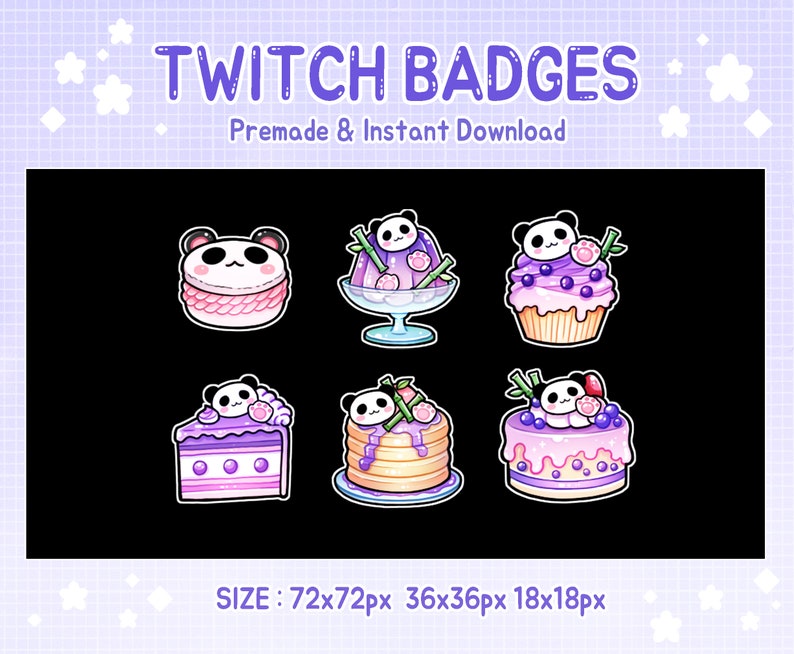 Pode incluir: Seis badges Twitch com pandas fofinhos com diferentes sobremesas roxas e cor-de-rosa. Os badges s&atilde;o de v&aacute;rios tamanhos: 72x72px, 36x36px e 18x18px.
