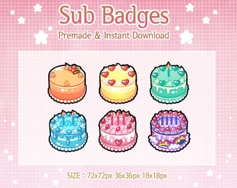 Badge Twitch con torta kawaii per l'abbonamento allo streaming (download digitale)