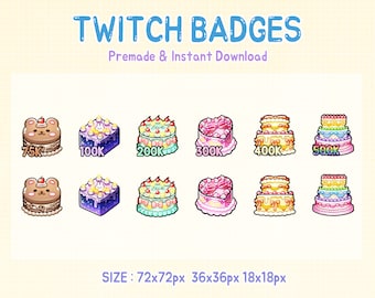 May include: A set of Twitch badges showcasing cartoon cakes in diverse styles and colours. The badges display text denoting follower milestones, including 75K, 100K, 200K, 300K, 400K, and 500K. The text "TWITCH BADGES" and "Premade & Instant Download" are also visible.