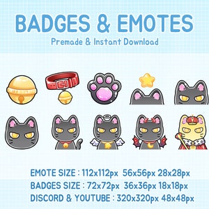 Twitch badges, cute black cat sub emotes.
