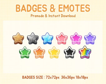 May include: Set of 10 star-shaped badges with different designs and colours, including wood, stone, water, pink, purple, green, orange, yellow, black, and rainbow. The badges are available in three sizes: 72x72 pixels, 36x36 pixels, and 18x18 pixels.  "BADGES SIZE: 72x72px 36x36px 18x18px" text is at the bottom of the image.