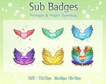 Peut inclure: Six badges de souscription colorés avec des ailes et des cœurs. Les badges sont en rose, bleu, vert, violet, or et arc-en-ciel. Le texte sous les badges indique "Sub Badges" et "Préfabriqué et téléchargement instantané". Le texte sous les badges indique également "TAILLE : 72 x 72 px 36 x 36 px 18 x 18 px".