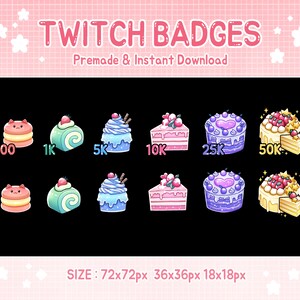 May include: A set of nine Twitch chat badges featuring various cake designs. The badges are in different sizes, including 72x72 pixels, 36x36 pixels, and 18x18 pixels. The badges feature a variety of cakes, including a macaron, a roll cake, a cupcake, a slice of cake, and a whole cake. The badges are designed in a cute and whimsical style.