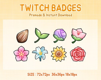 May include: A digital graphic featuring eight colorful floral Twitch badges. The badges include a brown almond, green leaves, a purple rose bud, a pink flower, a pink cherry blossom, a white lily, a yellow sunflower, and a red rose. Text reads "Twitch Badges" and "Premade & Instant Download".
