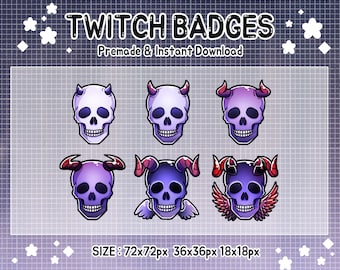 May include: Set of six Twitch profile badges featuring a purple and white skull with horns and wings. The badges are available in three sizes: 72x72 pixels, 36x36 pixels, and 18x18 pixels.