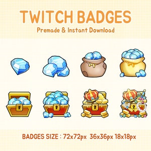 May include: Set of eight Twitch badges featuring blue diamonds in various containers, including a bag, a chest, and a pile of diamonds. The badges are available in three sizes: 72x72 pixels, 36x36 pixels, and 18x18 pixels.