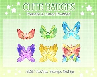 Puede incluir: Seis insignias de mariposa de colores con estrellas en el centro. Las insignias son de diferentes colores, incluyendo rojo, naranja, amarillo, verde, azul y morado. El texto "Cute Badges" está en la parte superior de la imagen, y el texto "Premade & Instant Download" está debajo. El texto "SIZE: 72x72px 36x36px 18x18px" está en la parte inferior de la imagen.