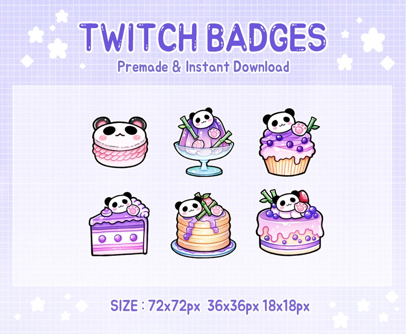 Pode incluir: Seis ilustra&ccedil;&otilde;es digitais de pandas fofinhos em diferentes sobremesas roxas e brancas. Os pandas usam la&ccedil;os cor-de-rosa e t&ecirc;m patas brancas. As sobremesas incluem um cupcake, uma fatia de bolo, um parfait, uma pilha de panquecas e um bolo redondo. O texto "TWITCH BADGES" est&aacute; no topo da imagem. O texto "Premade & Instant Download" est&aacute; abaixo do t&iacute;tulo. O texto "SIZE: 72x72px 36x36px 18x18px" est&aacute; na parte inferior da imagem.