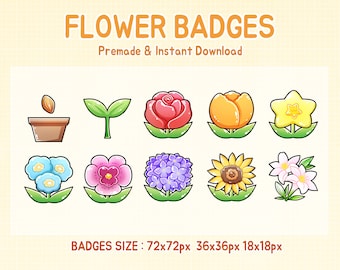 May include: Set of nine flower badges in various colors and styles, including a sunflower, rose, tulip, and forget-me-not. The badges are in different sizes, with the largest being 72x72 pixels and the smallest being 18x18 pixels.  BADGES SIZE: 72x72px 36x36px 18x18px