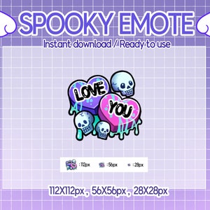 以下が含まれることがあります： ハロウィンバレンタインをテーマにしたデジタルイラストの顔文字。顔文字は、青い緑色のアイシングが垂れたキャンディーハートが3つ描かれています。1つのハートは紫色で「LOVE」と書いてあり、もう1つはピンク色で「YOU」と書いてあり、3つ目は骸骨です。顔文字は3つのサイズで利用できます: 112x112ピクセル、56x56ピクセル、28x28ピクセル。