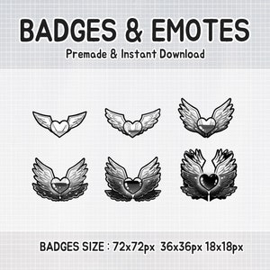 Könnte beinhalten: Sechs schwarz-weiße digitale Abzeichen mit einem Herz mit Flügeln. Die Abzeichen sind in drei verschiedenen Größen erhältlich: 72 x 72 Pixel, 36 x 36 Pixel und 18 x 18 Pixel. Der Text "BADGES SIZE: 72x72px 36x36px 18x18px" befindet sich am unteren Rand des Bildes.