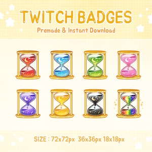 May include: Set of eight Twitch badges featuring an hourglass with different colored sand and a crescent moon inside. The badges are available in three sizes: 72x72 pixels, 36x36 pixels, and 18x18 pixels.