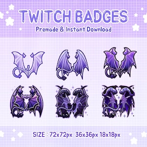 Twitch badges, purple devil wing badge, sub badges.