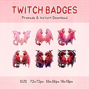 Op de afbeelding: Zes digitale Twitch-badges met een paar rode en roze duivelsvleugels in verschillende poses. De badges zijn verkrijgbaar in drie maten: 72x72 pixels, 36x36 pixels en 18x18 pixels.
