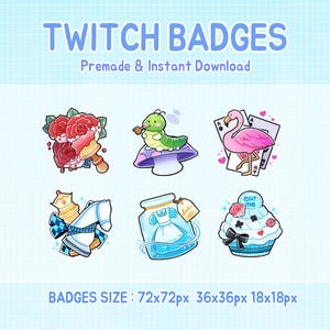 May include: Set of six digital illustrations of Alice in Wonderland themed Twitch badges. The badges feature a red rose, a caterpillar on a mushroom, a flamingo, a chess piece, a bottle with a dress inside, and a cupcake with a black bow.