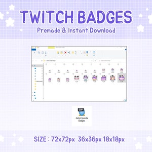 Pode incluir: Um ecr&atilde; de computador que mostra uma pasta com um ficheiro zip etiquetado como "dailyd panda badges". A pasta cont&eacute;m v&aacute;rias imagens de emblemas de panda roxo e branco em diferentes tamanhos: 72x72 pixels, 36x36 pixels e 18x18 pixels.