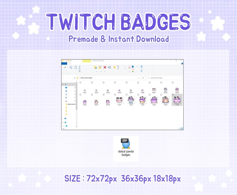 Pode incluir: Um ecr&atilde; de computador que mostra uma pasta com um ficheiro zip etiquetado como "dailyd panda badges". A pasta cont&eacute;m v&aacute;rias imagens de emblemas de panda roxo e branco em diferentes tamanhos: 72x72 pixels, 36x36 pixels e 18x18 pixels.