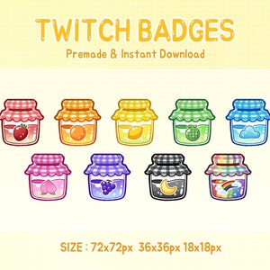 May include: A set of Twitch badges showcasing jars with diverse contents, including a strawberry, orange, lemon, and a rainbow. The text "TWITCH BADGES" and "Premade & Instant Download" are visible. The size is 72x72px, 36x36px, and 18x18px.